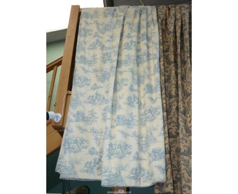 A pair of fully lined linen blue and cream Curtains 90" drop x 56" wide, and a pair of curtains 76" drop x 46" wide, plus a d