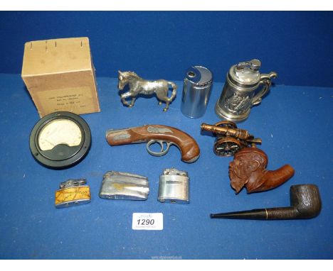 A small quantity of miscellaneous lighters to include Colibri, Ronson, Sangamo Weston Ltd 1944 milliammeter, carved pipe, etc