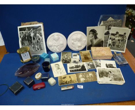 A box of miscellanea items including carriage clock, jewellery boxes, vintage photographs including 1950's glamour models, et