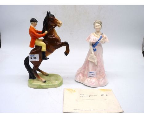 A Beswickware figure of Rearing Horse with huntsman and a Royal Worcester limited edition figure of the Queen Mother no. 81/9