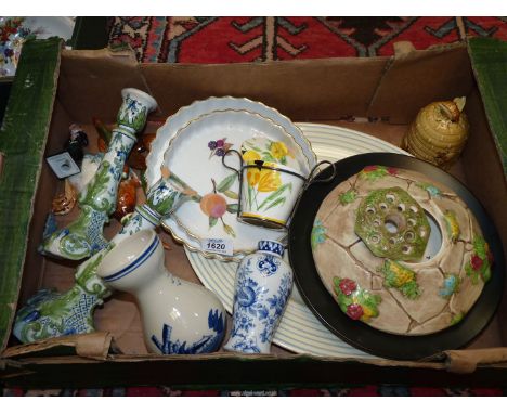 A quantity of china to include: Susie Cooper meat plate, Poole display plate, Delft style hyacinth vase, Mosaic Faience candl