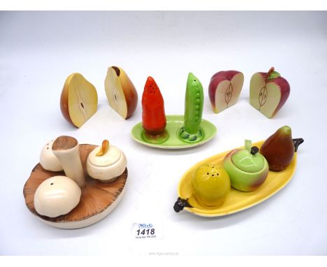 Two Carltonware condiment sets including Mushroom, plus salt & pepper sets - Apple, Pear and Carrot & Pea.