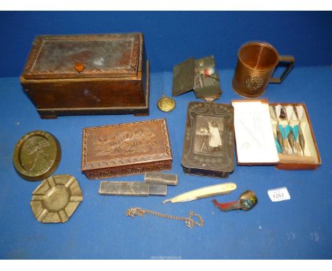 A quantity of miscellaneous to include: copper RAF tankard, old Rowntrees sweet tin with photograph frame lid, Johnnie Walker