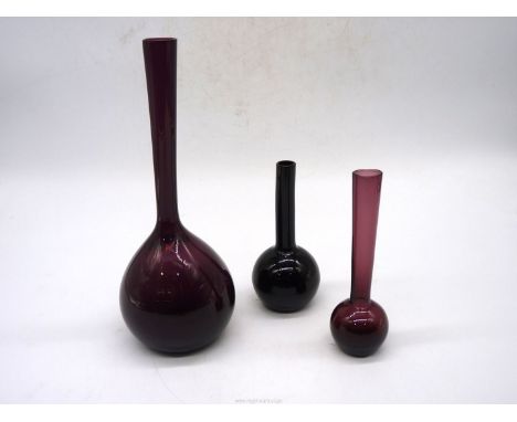 A Swedish Gulvase by Arthur Percy, in amethyst with a splash of iridescence near base  10" tall, plus two similar style vases