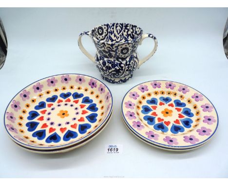 A small quantity of Emma Bridgewater china to include: two handled pot in blue and white and two each plates and pasta dishes