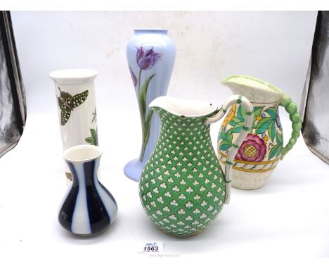 Five china jugs and vases to include: Crown Ducal Charlotte Rhead floral pattern jug, Portmeirion "Botanical  Garden" sleeve 