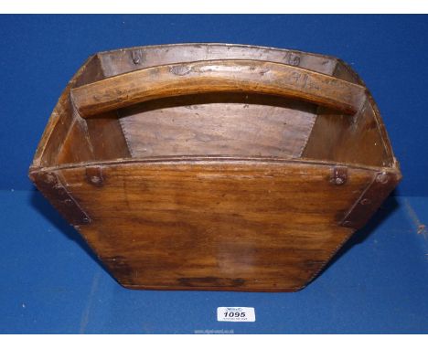 An antique wooden trug with metal bindings to corners, 12 1/2" square x 8 1/2" deep .