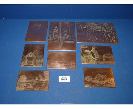 A group of etched copper Plates; four 4" x 3" plates depicting a Chapel, Church Lych gate, an arched bridge and a coastal sce