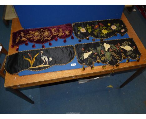 Four Victorian mantelpiece Hangings, each approx. 22" wide, two having hand-painted flowers on black silk, one embroidered wi