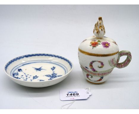 A late 18th century Berlin covered chocolate Cup decorated with a floral monogram (flame finial), 5'' high and an 18th centur