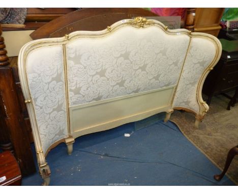 An elegant and gilt framed Double bed Headboard of small scroll shaped, and upholstered with pale beige/cream shadow patterne