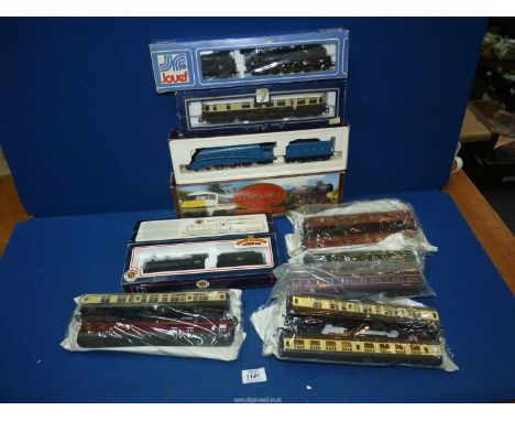A box of "OO" gauge Locomotives and coaches include "Mallard" boxed, Lima collection, Bachmann Gresley J39, etc.