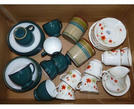 Two part tea sets, one by Royal Vale in a poppy pattern and the other by Denby, along with two Denby storage jars.