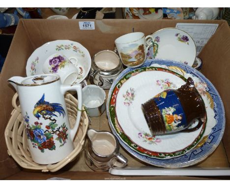 A box of collectable china and pottery to include: a Swansea pottery plate and 1880's Ashworth plate, Limoges, etc.