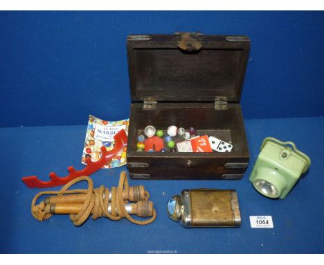 A small quantity of miscellaneous to include: Indian made metal banded box with a quantity of marbles, skipping rope, old tor