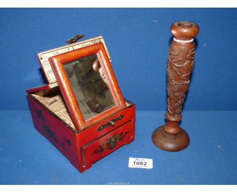 A 20th century Chinese treen Candlestick with expertly carved dragons and precious objects  8" tall, plus a red painted lady'