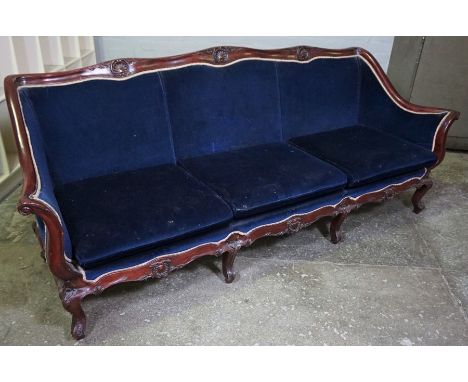 Victorian Style Three Seater Sofa, Upholstered in Blue Dralon, 85cm high, 215cm wide, 74cm deep