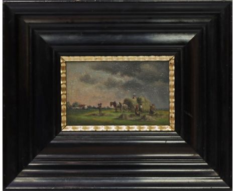 Rössler, Fritz (1870 Frankfurt/Main - Königstein im Taunus 1937) Bauern bei der Heuernte. Öl/Holz, li. u. sign. 9x 14 cm. R.