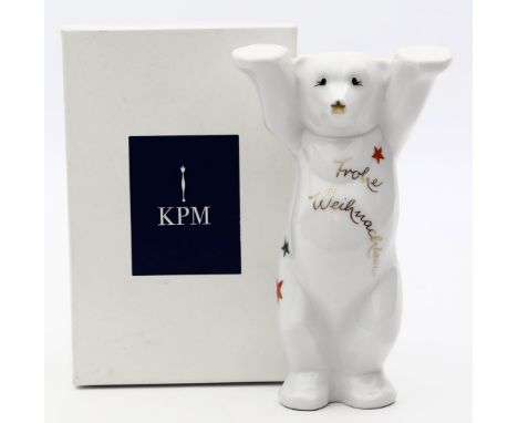 Buddy-Bär, KPM Berlin. Porzellan. Mit bunten Sternen und Aufschrift "Frohe Weihnachten". Szeptermarke über KPM, Berlin, Anf. 