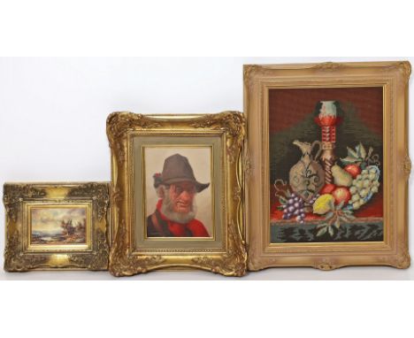 3 Bilder/Rahmen (20. Jh.) Stickbild "Stillleben", Portrait eines bärtigen Mannes mit Hut und kleines Landschaftsgemälde. Je i