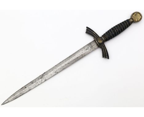 Fliegerdolch M 35, so genannter "Borddolch". Blanke, 2-schneidige Klinge (teils fleckig) mit Herstellerzeichen Gebrüder Helle