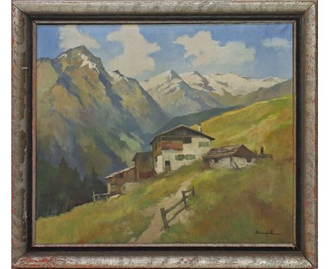 Jüttner, Bruno (1880 Wernigerode - Berlin 1965) Sommerliche Alpenlandschaft mit Gebirgshütte. Öl/Lwd., re. u. sign. 70x 80 cm