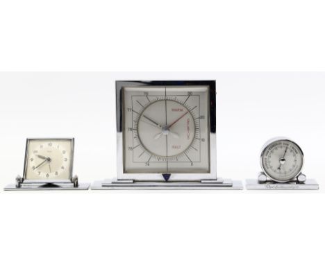 3 Art Deco-Messwerkzeuge: Hygrometer von Junkers, Barometer und Wecker. Alters- und Gebrauchsspuren. L./D. ca. 8 bis 17 cm. 