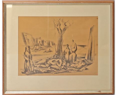 Hartung, Karl (1908 Hamburg - Berlin 1967) Surreale Landschaft mit Figuren. Lithographie (gebräunt), re. u. mit Bleistift sig