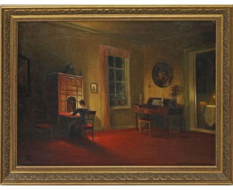 Gehrmann, Paul (1861 Neuhof - Berlin 1923) Interieur mit bei Kerzenschein an einem Sekretär sitzender Dame. Öl/Lwd., li. u. s
