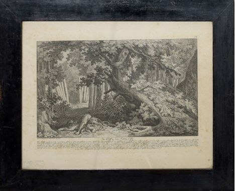 Ridinger, Johann Elias (1698-1767) "Der Wolf in dem Schlag-Eisen". Kupferstich (gebräunt und teils fleckig) aus: "Nach der Na