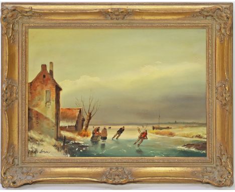 Simons (20. Jh.) Winterlandschaft mit Schlittschuhläufern. Öl/Holz, li. u. sign. 30x 40 cm. R.