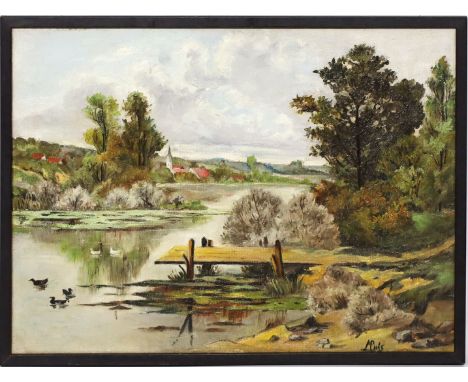 Unbekannter Maler (20. Jh.) Bootssteg, im Hintergrund Dorfsilhouette. Öl/Lwd., re. u. unleserlich sign. 37x 51 cm. R.