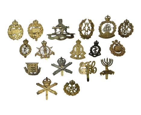 Seventeen cap badges including Expeditionary Forces Canteen, Machine Gun Corps, Tank Regiment, Jewish Battalions, Ordnance Co