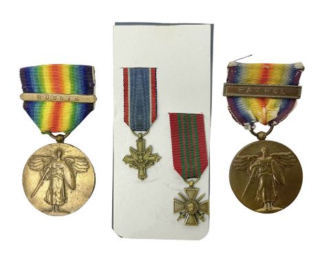Two WWI American Victory Medals - one Army with Russia clasp, the other Navy/Marine Corps with Patrol clasp; American miniatu