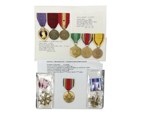 Nine American medals comprising Legion of Merit, Distinguished Flying Cross, Purple Heart named to Dick L. Sparman, Navy Good