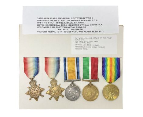 Representative display of five WWI Campaign Stars and Medals to different recipients comprising 1914 'Mons' Star to 13800 Gnr