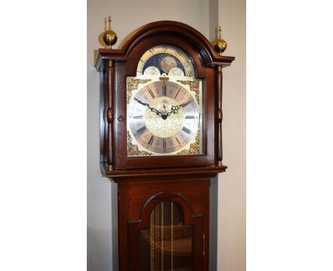 Reproduction mahogany finish cased grandmother clock, the dial with moon phase trunk with long glazed door, three weight move