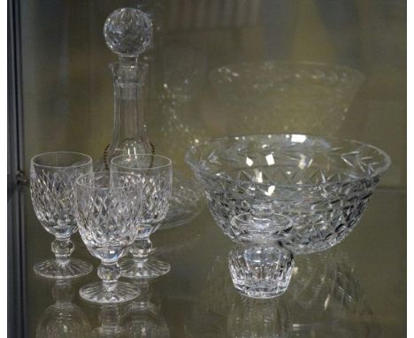 Waterford cut crystal ships decanter, a similar bowl, three large sherry glasses and a preserve jar   Condition: 