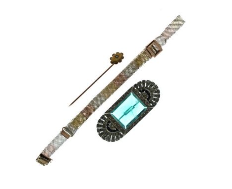 Ladies tri-colour cocktail watch strap marked 9ct, a seed pearl set stick pin and an Art Deco design brooch set white green a