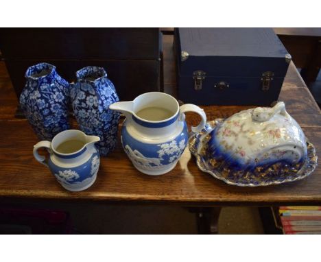 Two late 19th/early 20th Century stoneware jugs decorated with hunting scenes, a pair of English hexagonal transfer printed b