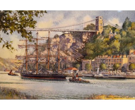 Frank Shipsides - Limited edition coloured print - Four masted sailing ship being towed under the Clifton Suspension Bridge, 