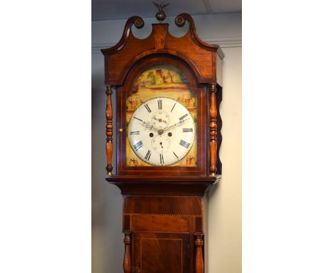 19th Century inlaid mahogany longcase clock, the hood with swan neck pediment, arch shaped glazed door flanked by turned pill