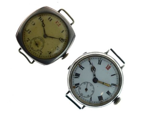 World War I silver Trench watch with wire lugs, white enamel dial with sub-seconds, Roman numerals having a red 12, luminous 