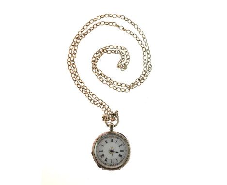 Lady's engraved silver cased key wind fob watch, the white enamel dial with floral border and Roman numerals, on a white meta