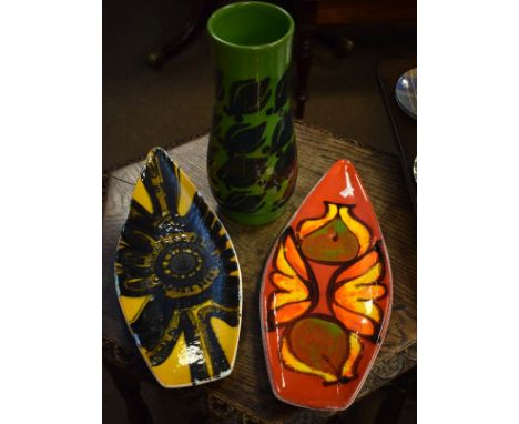 Two Poole Delphis range freeform dishes, each with typical abstract decoration together with a similar vase   Condition: 