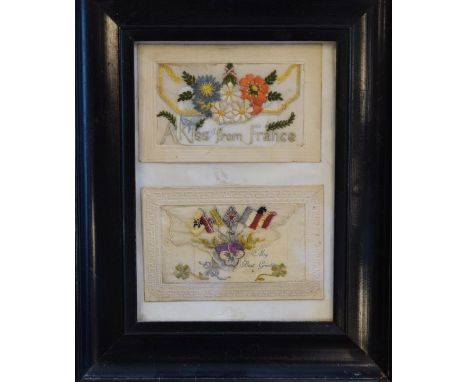 Postcards - Fifteen World War I silk postcards mounted across three frames, one annotated 'Postcards From The French Battlefi