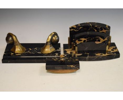 Art Deco marbled slate three piece desk set comprising: inkstand fitted two brass inkwells, two division stationary rack and 