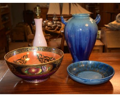 Maling bowl, Carlton Ware lamp base, Lamorna pottery dish and a blue glazed two handled vase   Condition: 