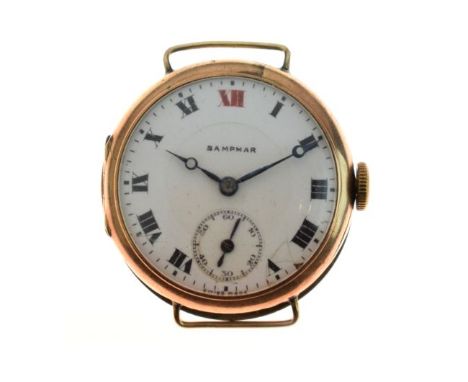 Gentleman's manual wind Trench style watch head, the signed white enamel dial with subsidiary seconds, black Roman numerals a