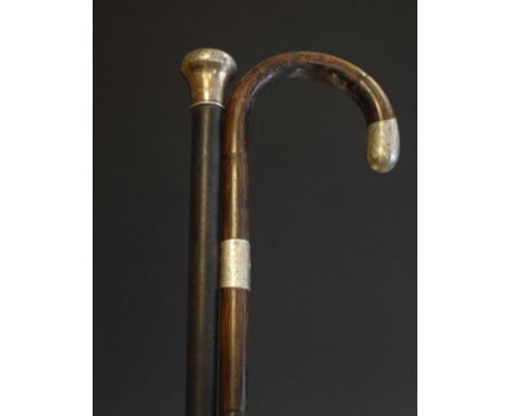 Victorian ebonised walking stick, the silver pommel handle hallmarked for Birmingham 1899 together with another silver mounte